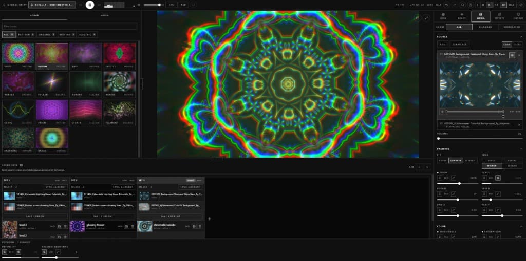 Neural Drift console with looks, stage preview, media controls, and scene sets.